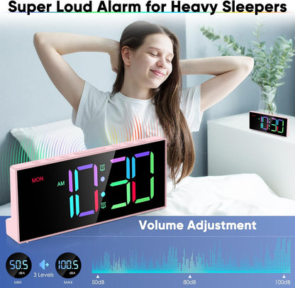 Digital Alarm Clocks,Large Big Numbers Cute clocks for Bedrooms,college dormitories,Teens,Modern Décor Plug in Clock with USB Charger Port Adjustable 3-Levels volume,5 Dimmers,Battery Backup (Pink)