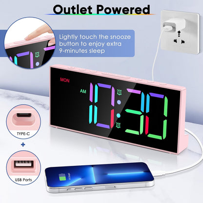 Digital Alarm Clocks,Large Big Numbers Cute clocks for Bedrooms,college dormitories,Teens,Modern Décor Plug in Clock with USB Charger Port Adjustable 3-Levels volume,5 Dimmers,Battery Backup (Pink)
