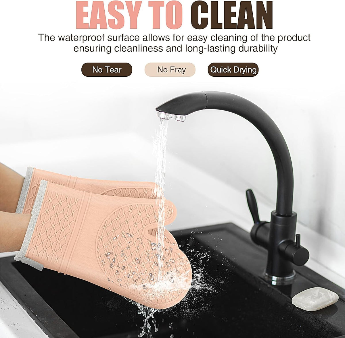 Silicone Oven Mitts, Heat Resistant 2PCS Oven Mitts with Soft Cotton Lining, Waterproof Non-Slip Grip Oven Glove, Kitchen Potholder Mits for BBQ, Baking, Cooking, 12.5 Inch - Pink