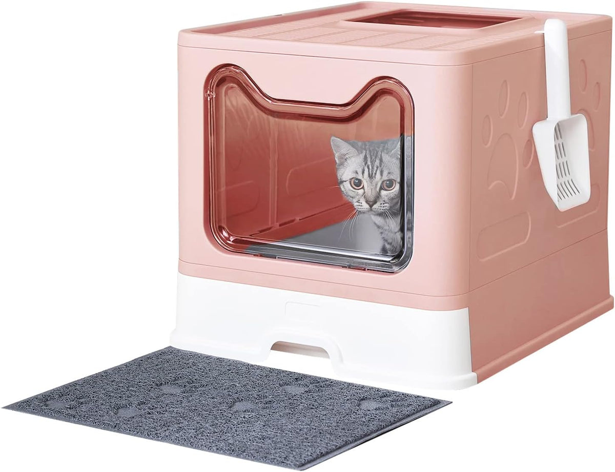Cat Litter Box with Litter Mat and Scoop(Pink)