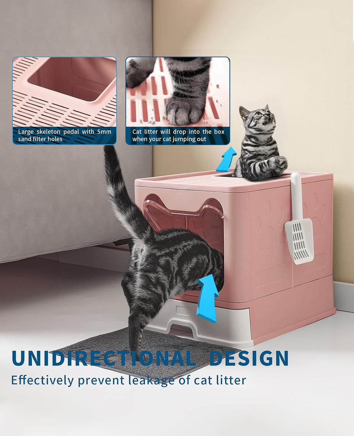 Cat Litter Box with Litter Mat and Scoop(Pink)