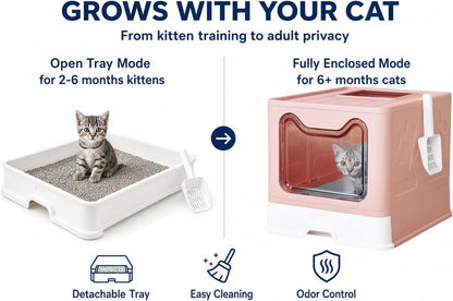 Cat Litter Box with Litter Mat and Scoop(Pink)