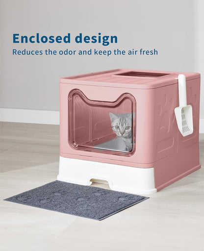 Cat Litter Box with Litter Mat and Scoop(Pink)