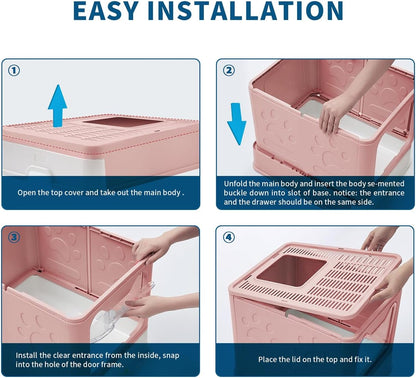 Cat Litter Box with Litter Mat and Scoop(Pink)