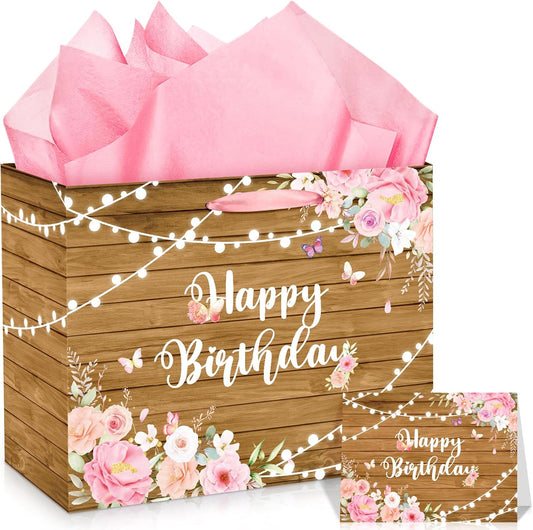 Pink Floral Happy Birthday Gift Bag for Women Spring Butterfly Wrapping Bag with Tissue Papers and Card Set Rustic Wooden Flower Wrap Gift Goodie Bags for Girls Birthday Anniversary Party Supplies