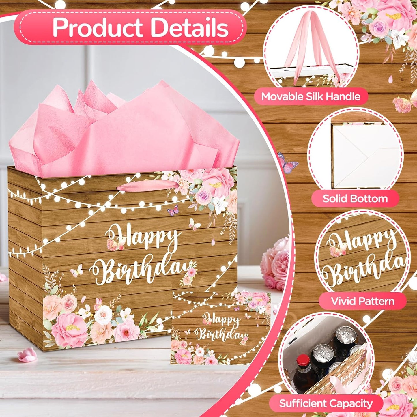 Pink Floral Happy Birthday Gift Bag for Women Spring Butterfly Wrapping Bag with Tissue Papers and Card Set Rustic Wooden Flower Wrap Gift Goodie Bags for Girls Birthday Anniversary Party Supplies