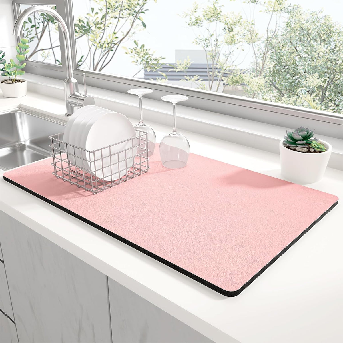 Dish Drying Mat for Kitchen Counter, 12 x 19" Super Absorbent Drainer Pad Easy Clean Dish Rack Pad, Non-Slip Heat Resistant Coffee Bar Mats for Coffee Machine Station Accessories Decor, Pink