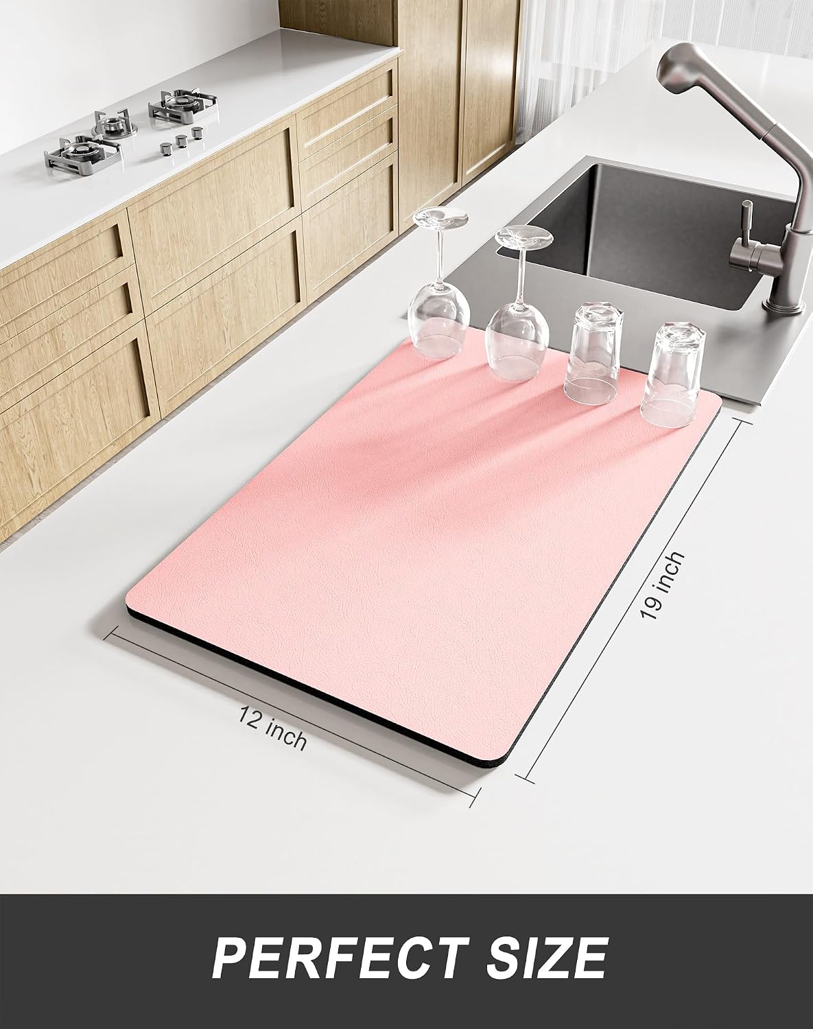 Dish Drying Mat for Kitchen Counter, 12 x 19" Super Absorbent Drainer Pad Easy Clean Dish Rack Pad, Non-Slip Heat Resistant Coffee Bar Mats for Coffee Machine Station Accessories Decor, Pink