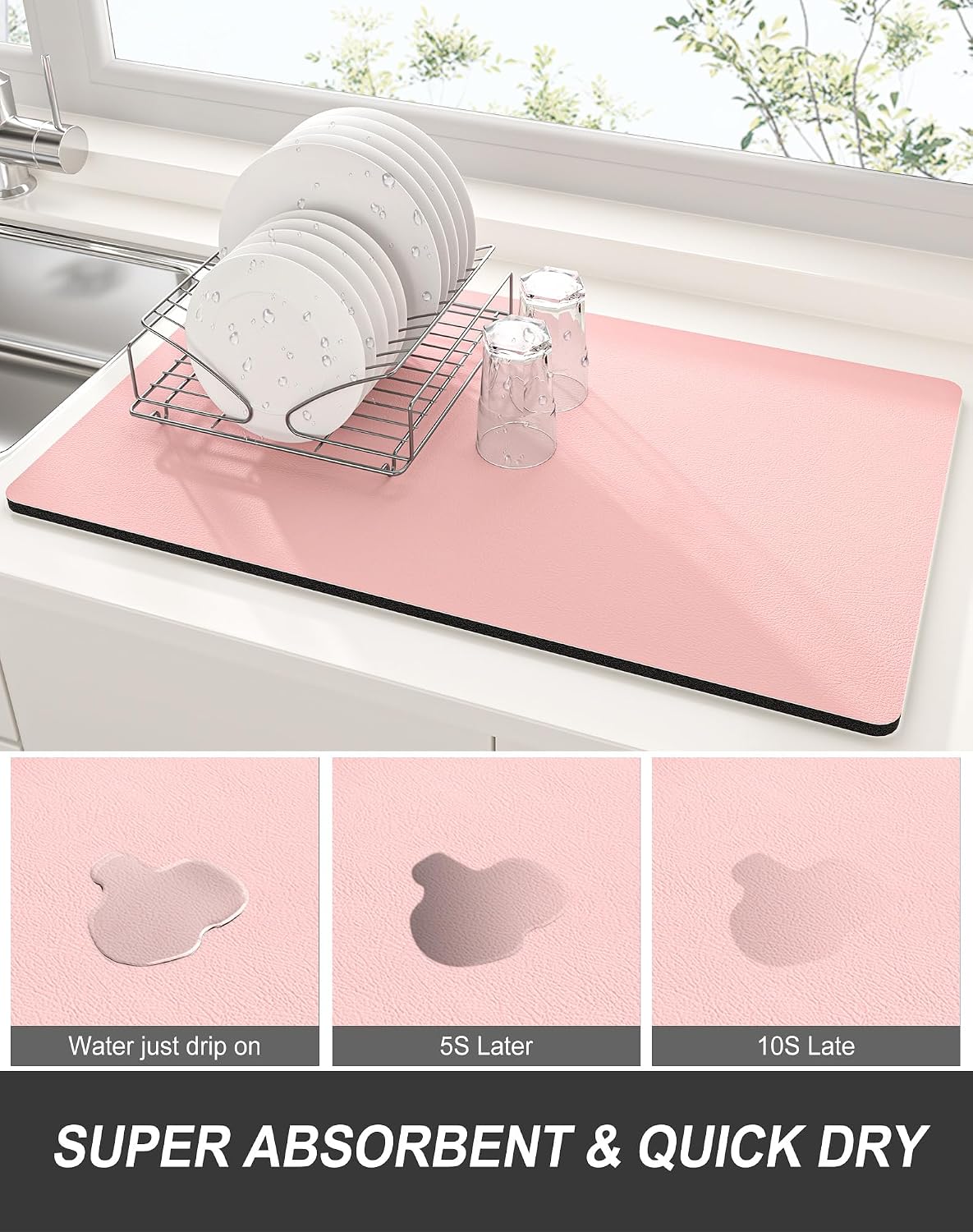 Dish Drying Mat for Kitchen Counter, 12 x 19" Super Absorbent Drainer Pad Easy Clean Dish Rack Pad, Non-Slip Heat Resistant Coffee Bar Mats for Coffee Machine Station Accessories Decor, Pink