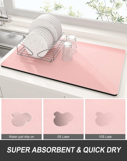 Dish Drying Mat for Kitchen Counter, 12 x 19" Super Absorbent Drainer Pad Easy Clean Dish Rack Pad, Non-Slip Heat Resistant Coffee Bar Mats for Coffee Machine Station Accessories Decor, Pink