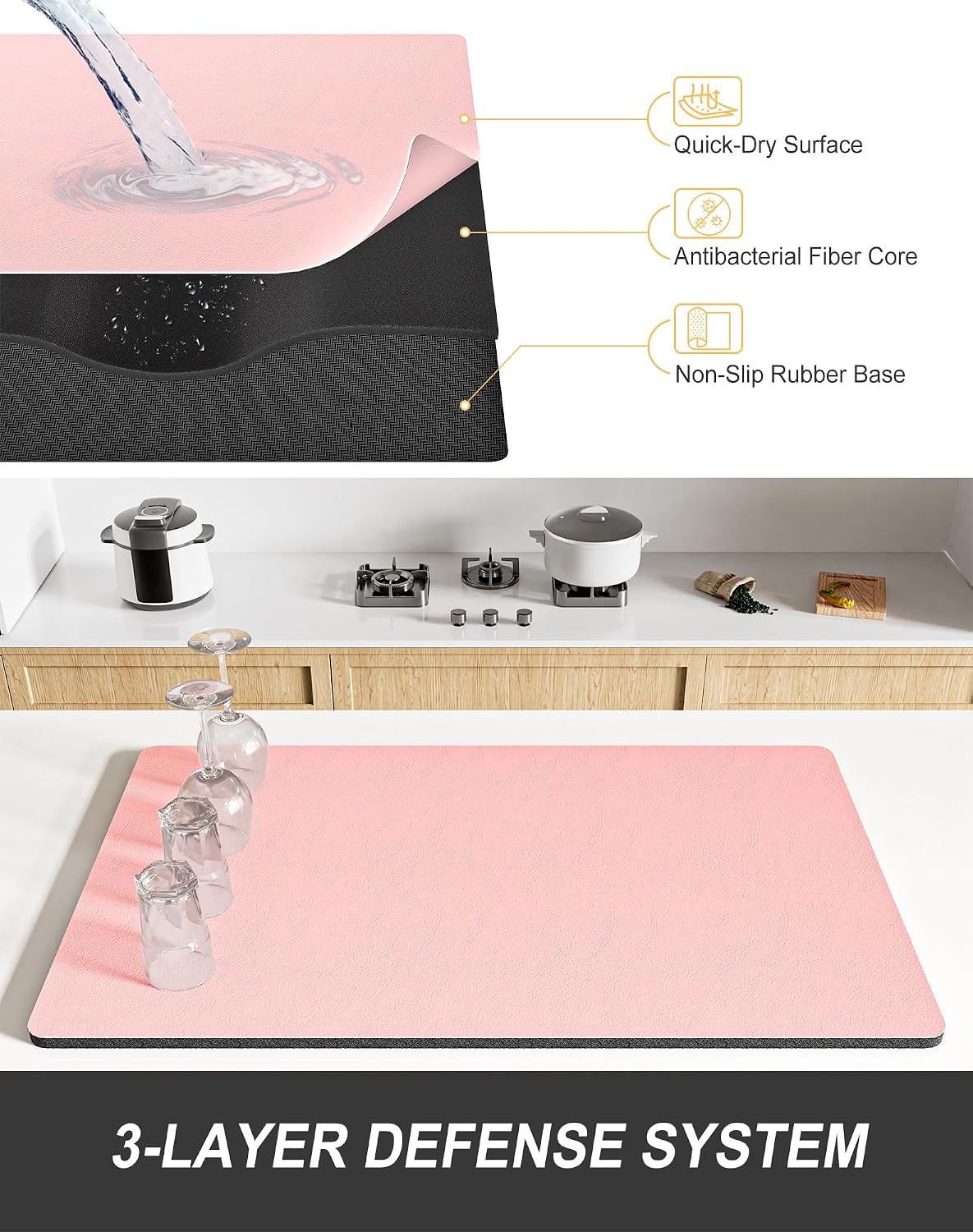 Dish Drying Mat for Kitchen Counter, 12 x 19" Super Absorbent Drainer Pad Easy Clean Dish Rack Pad, Non-Slip Heat Resistant Coffee Bar Mats for Coffee Machine Station Accessories Decor, Pink