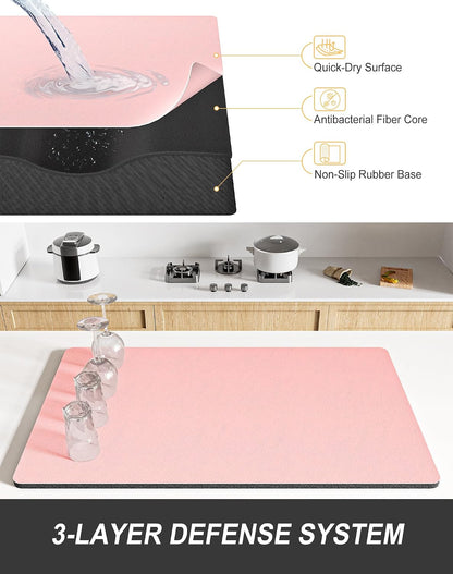 Dish Drying Mat for Kitchen Counter, 12 x 19" Super Absorbent Drainer Pad Easy Clean Dish Rack Pad, Non-Slip Heat Resistant Coffee Bar Mats for Coffee Machine Station Accessories Decor, Pink