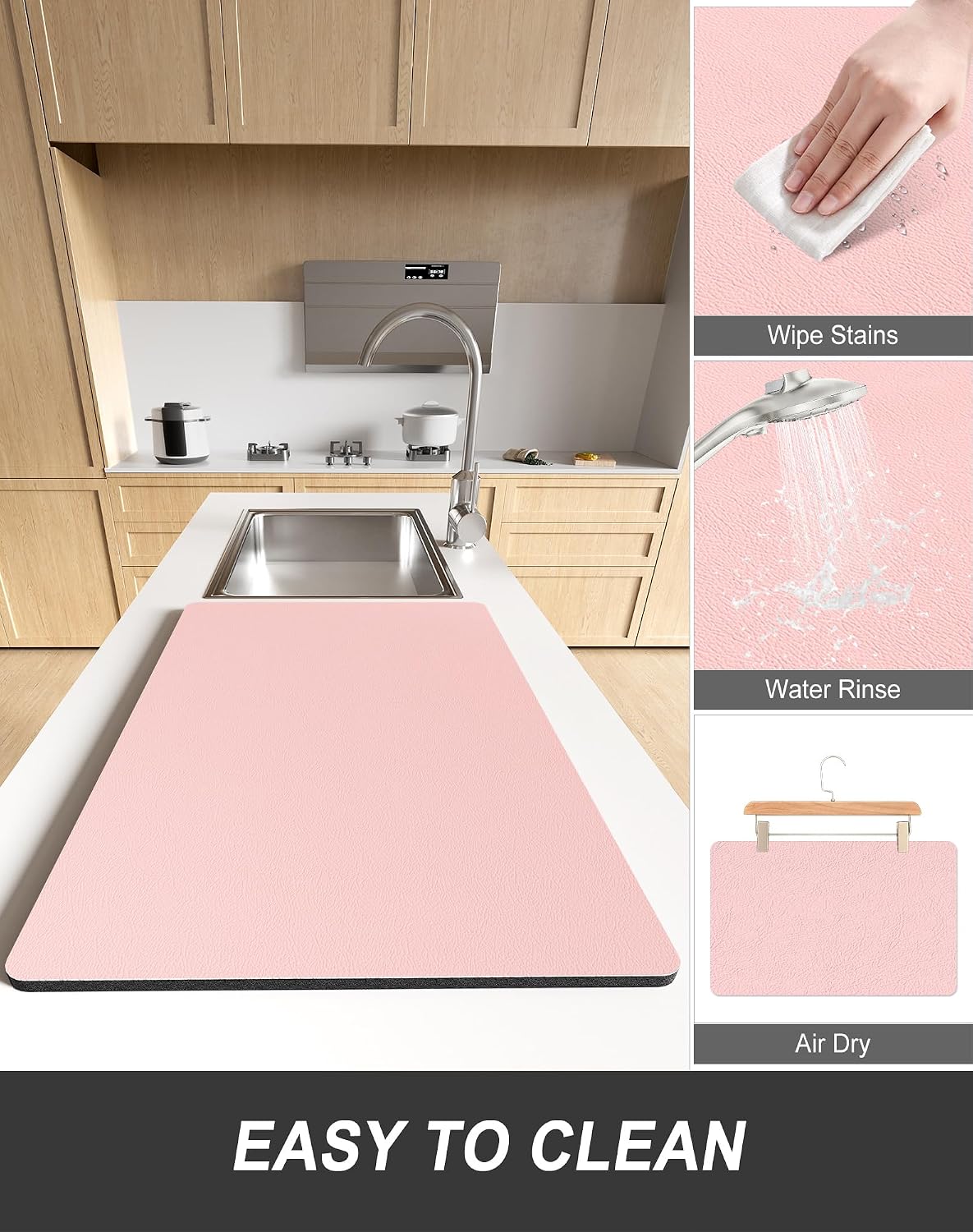Dish Drying Mat for Kitchen Counter, 12 x 19" Super Absorbent Drainer Pad Easy Clean Dish Rack Pad, Non-Slip Heat Resistant Coffee Bar Mats for Coffee Machine Station Accessories Decor, Pink