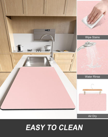 Dish Drying Mat for Kitchen Counter, 12 x 19" Super Absorbent Drainer Pad Easy Clean Dish Rack Pad, Non-Slip Heat Resistant Coffee Bar Mats for Coffee Machine Station Accessories Decor, Pink