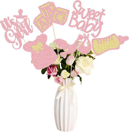 12Pcs Baby Shower Centerpiece Sticks Glitter Tie Onesie Oh Baby Gender Reveal It's a Girl Table Centerpiece Sticks for Baby Shower Gender Reveal Kids Birthday Party Supplies Pink