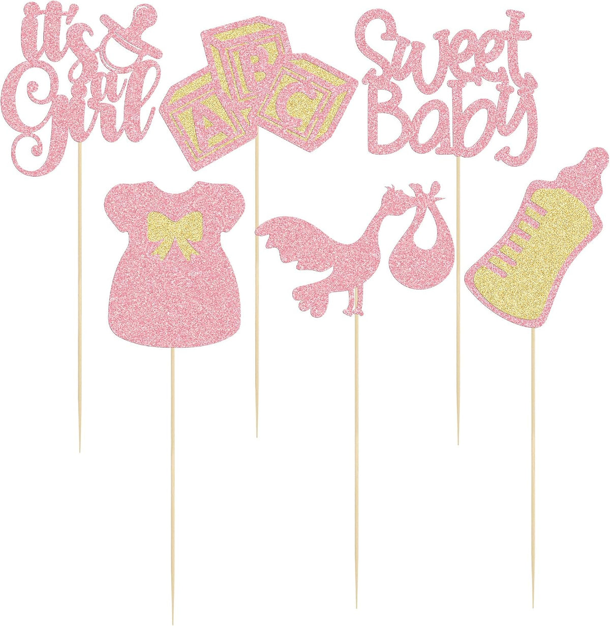 12Pcs Baby Shower Centerpiece Sticks Glitter Tie Onesie Oh Baby Gender Reveal It's a Girl Table Centerpiece Sticks for Baby Shower Gender Reveal Kids Birthday Party Supplies Pink