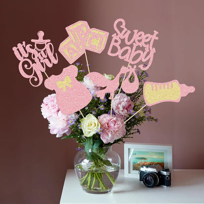 12Pcs Baby Shower Centerpiece Sticks Glitter Tie Onesie Oh Baby Gender Reveal It's a Girl Table Centerpiece Sticks for Baby Shower Gender Reveal Kids Birthday Party Supplies Pink