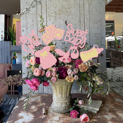 12Pcs Baby Shower Centerpiece Sticks Glitter Tie Onesie Oh Baby Gender Reveal It's a Girl Table Centerpiece Sticks for Baby Shower Gender Reveal Kids Birthday Party Supplies Pink