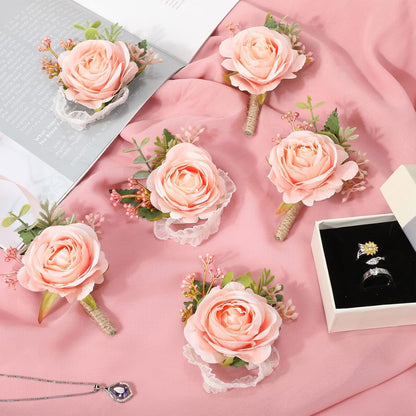 20 Pcs Rose Corsage and Boutonniere Set for Wedding, Pink