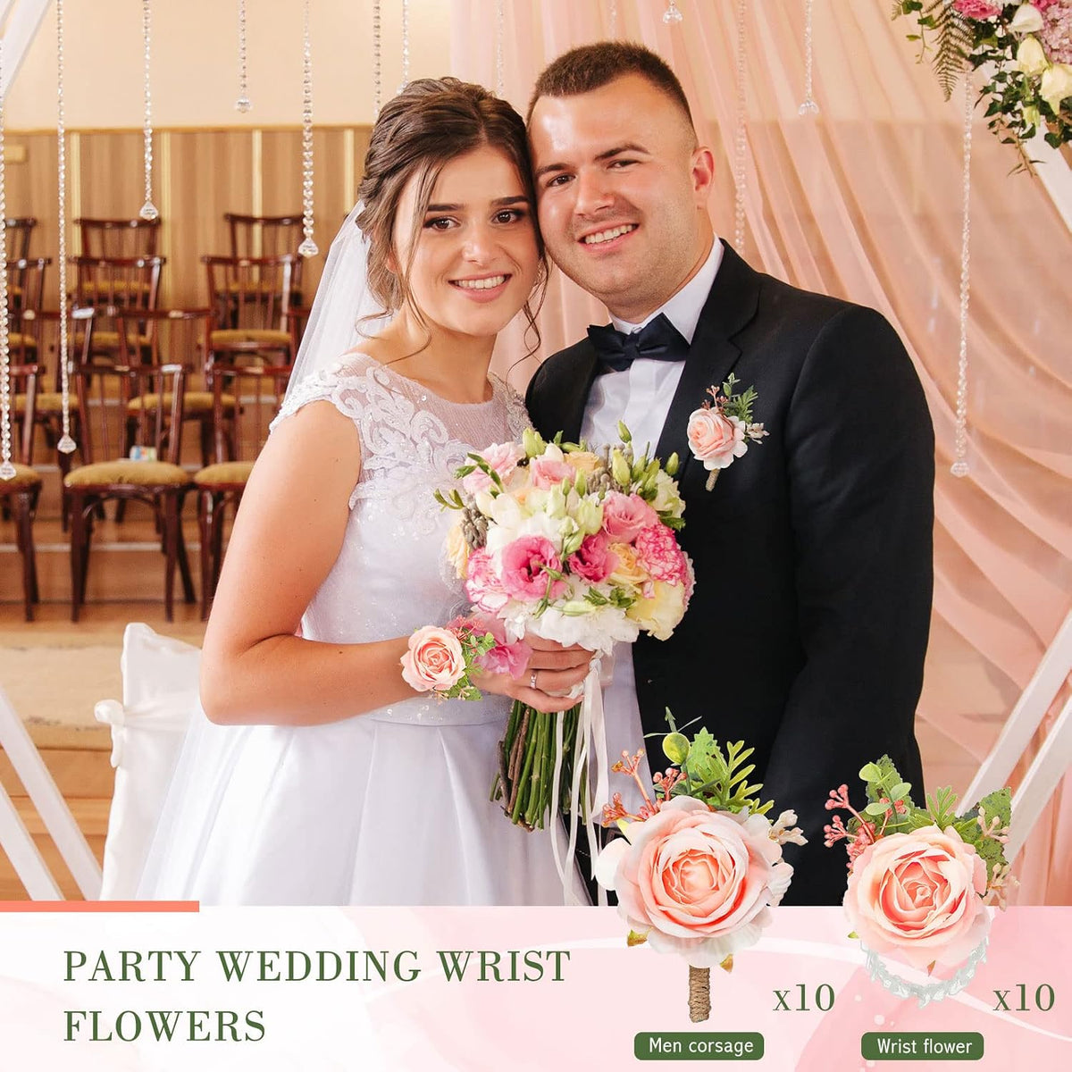 20 Pcs Rose Corsage and Boutonniere Set for Wedding, Pink