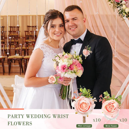 20 Pcs Rose Corsage and Boutonniere Set for Wedding, Pink