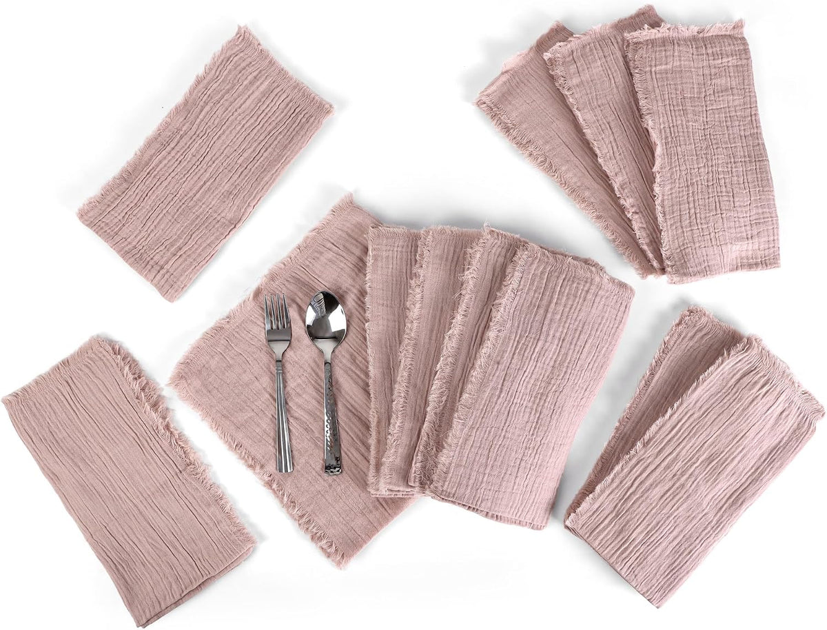 Fringe Cloth Napkins 100% Cotton, Set of 12 Dinner Napkins, Peach