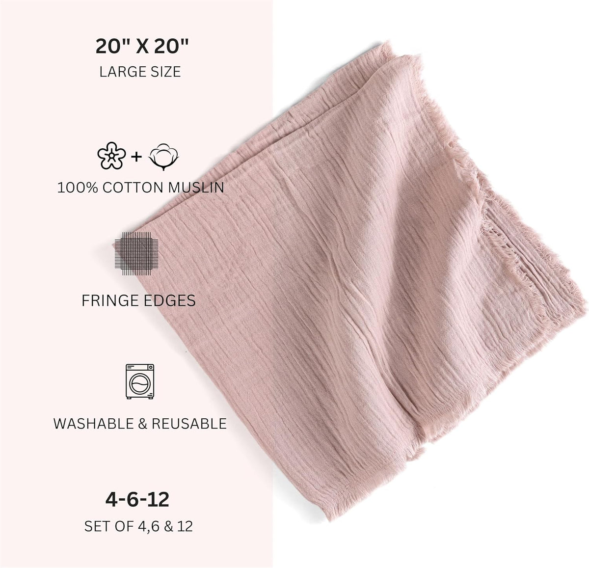 Fringe Cloth Napkins 100% Cotton, Set of 12 Dinner Napkins, Peach
