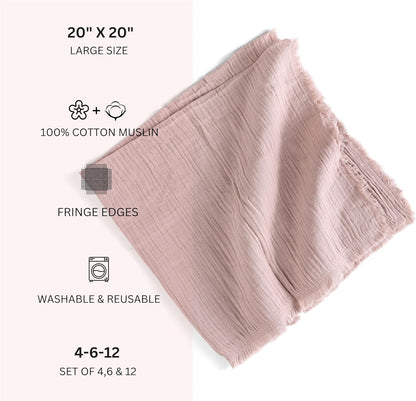 Fringe Cloth Napkins 100% Cotton, Set of 12 Dinner Napkins, Peach