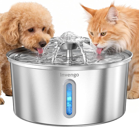 Invengo Cat Water Fountain Stainless Steel 3.2L/108oz, Automatic Pet Fountain for Cats & Dogs, Ultra Quiet <25 dB Pump, LED Water Level Window, Easy to Clean
