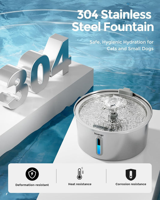 Invengo Cat Water Fountain Stainless Steel 3.2L/108oz, Automatic Pet Fountain for Cats & Dogs, Ultra Quiet <25 dB Pump, LED Water Level Window, Easy to Clean