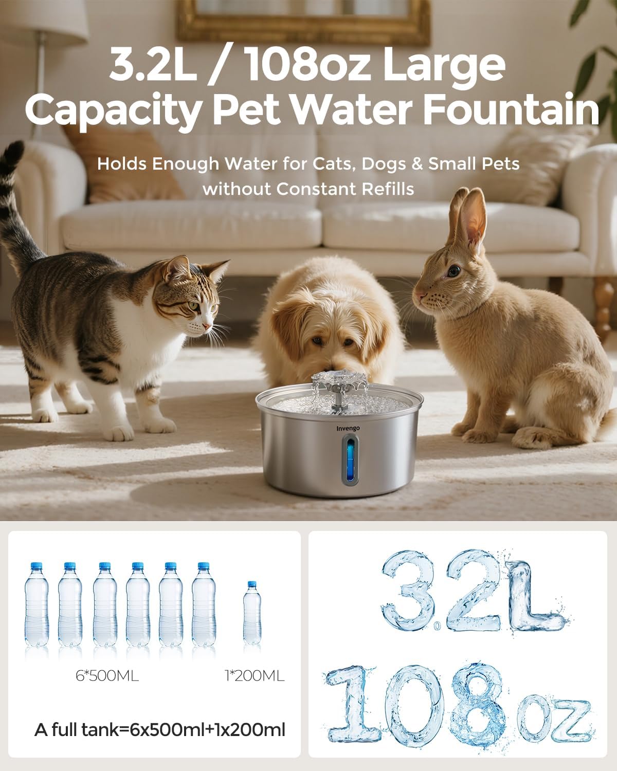 Invengo Cat Water Fountain Stainless Steel 3.2L/108oz, Automatic Pet Fountain for Cats & Dogs, Ultra Quiet <25 dB Pump, LED Water Level Window, Easy to Clean