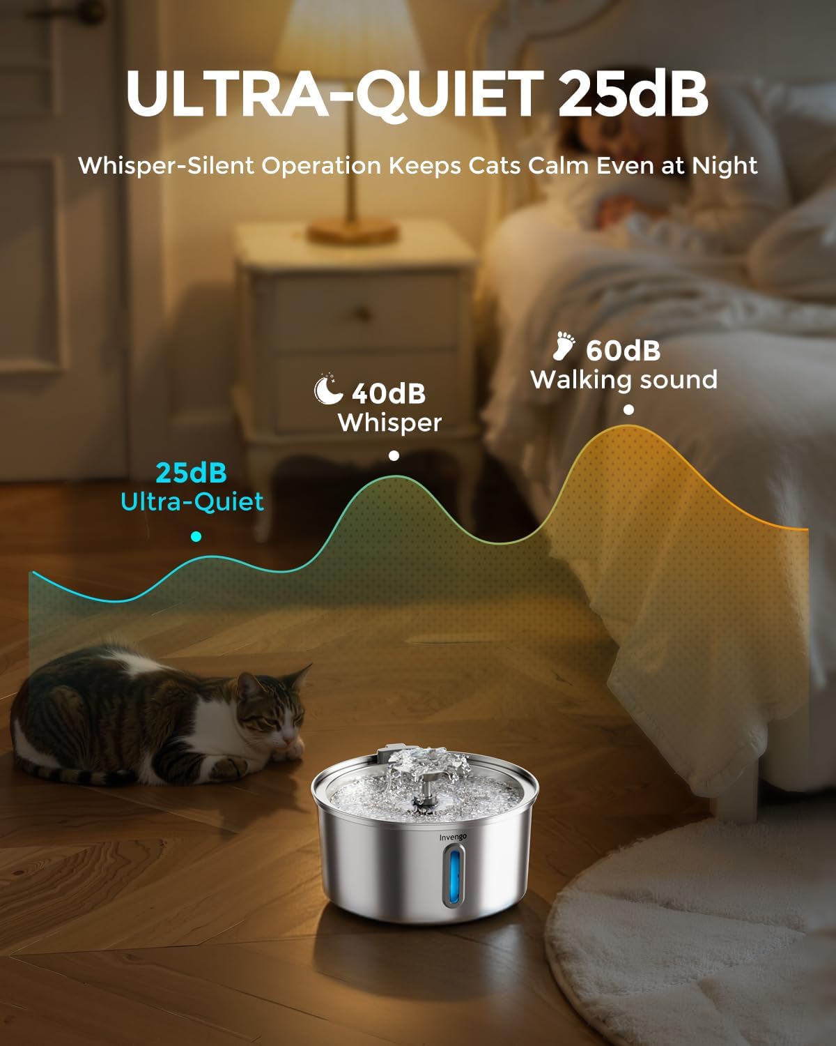 Invengo Cat Water Fountain Stainless Steel 3.2L/108oz, Automatic Pet Fountain for Cats & Dogs, Ultra Quiet <25 dB Pump, LED Water Level Window, Easy to Clean