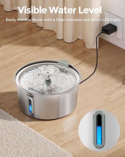 Invengo Cat Water Fountain Stainless Steel 3.2L/108oz, Automatic Pet Fountain for Cats & Dogs, Ultra Quiet <25 dB Pump, LED Water Level Window, Easy to Clean