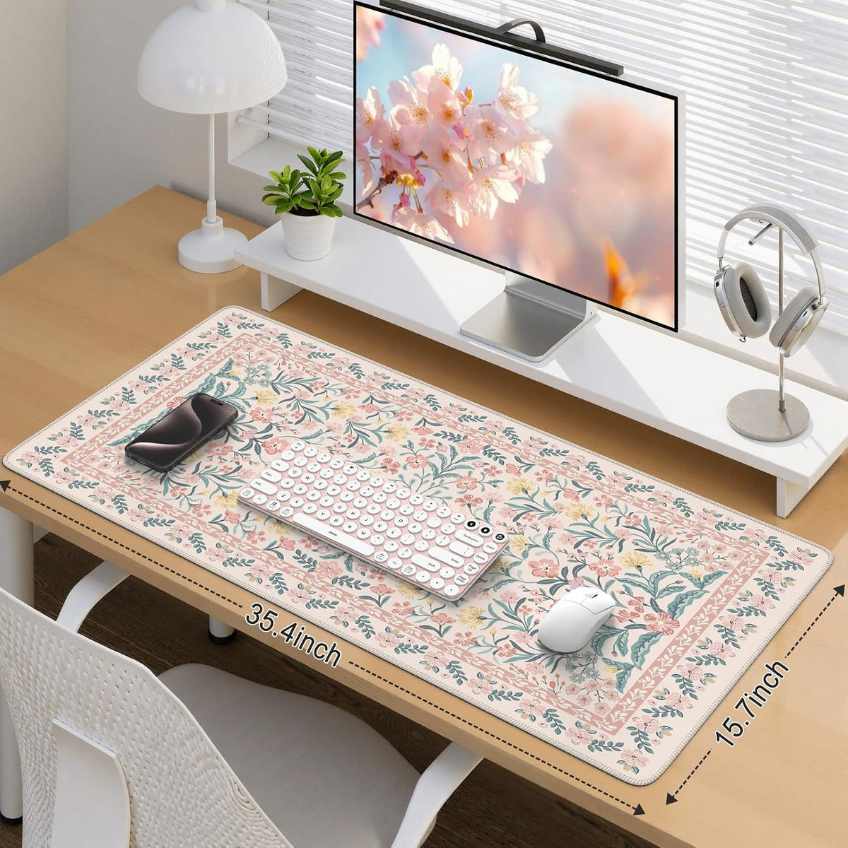 Desk Mat,Mouse Pad for Office Desk,35.4x15.7in,Pink Floral