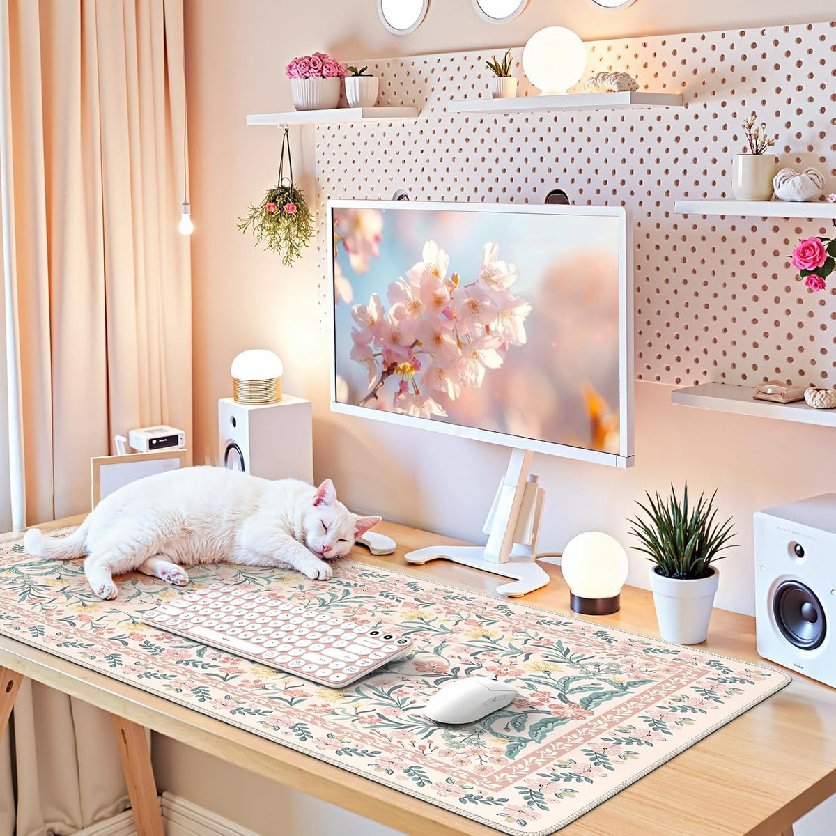 Desk Mat,Mouse Pad for Office Desk,35.4x15.7in,Pink Floral