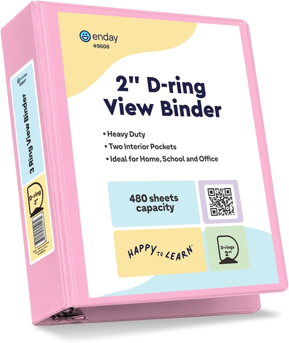 2 Inch Binder, Pink - 2 Inch 3 Ring Binder, D-Ring Pastel with Clear View Cover for Letter Size 8.5 x 11'' Paper & 2 Inside Pockets, Ideal for School Supplies, Office, and Home