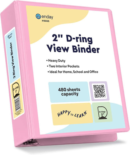 2 Inch Binder, Pink - 2 Inch 3 Ring Binder, D-Ring Pastel with Clear View Cover for Letter Size 8.5 x 11'' Paper & 2 Inside Pockets, Ideal for School Supplies, Office, and Home