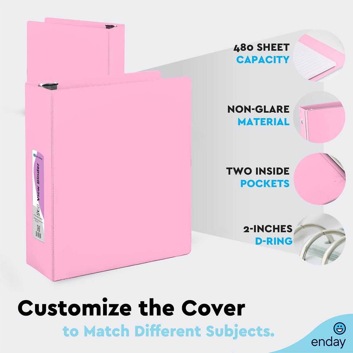 2 Inch Binder, Pink - 2 Inch 3 Ring Binder, D-Ring Pastel with Clear View Cover for Letter Size 8.5 x 11'' Paper & 2 Inside Pockets, Ideal for School Supplies, Office, and Home