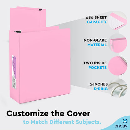 2 Inch Binder, Pink - 2 Inch 3 Ring Binder, D-Ring Pastel with Clear View Cover for Letter Size 8.5 x 11'' Paper & 2 Inside Pockets, Ideal for School Supplies, Office, and Home