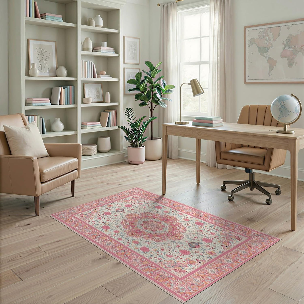 4'x6' Washable Flatwoven Rug, Peach Traditional Floral Easy Care Throw Carpet for Dorm Room, Small Living Room, Apartment, Stain Resistant Low Profile Floor Covering | Ref:2138144