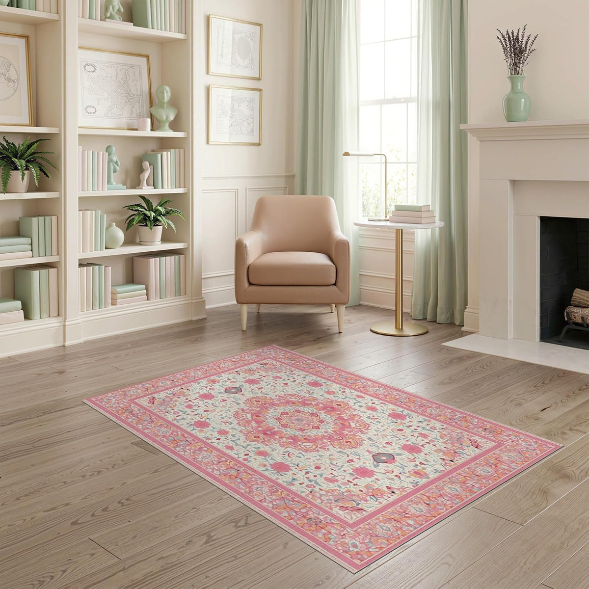 4'x6' Washable Flatwoven Rug, Peach Traditional Floral Easy Care Throw Carpet for Dorm Room, Small Living Room, Apartment, Stain Resistant Low Profile Floor Covering | Ref:2138144