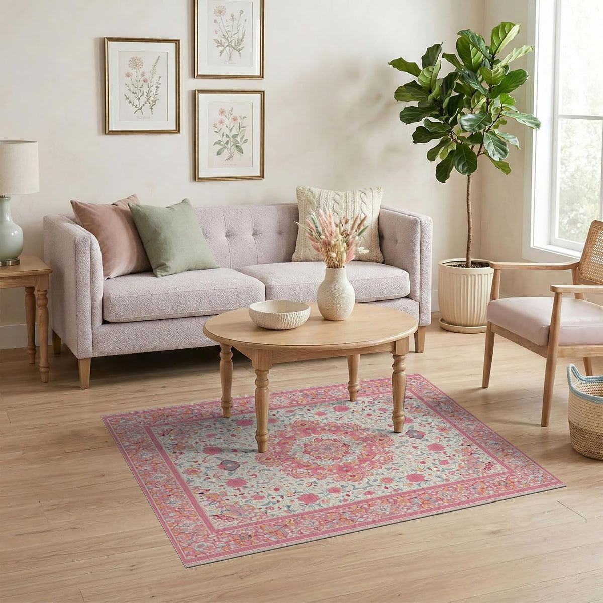 4'x6' Washable Flatwoven Rug, Peach Traditional Floral Easy Care Throw Carpet for Dorm Room, Small Living Room, Apartment, Stain Resistant Low Profile Floor Covering | Ref:2138144
