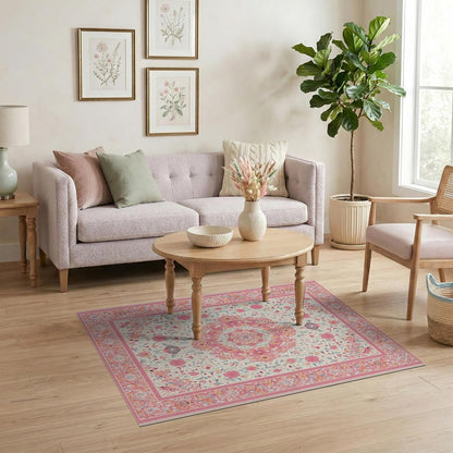 4'x6' Washable Flatwoven Rug, Peach Traditional Floral Easy Care Throw Carpet for Dorm Room, Small Living Room, Apartment, Stain Resistant Low Profile Floor Covering | Ref:2138144