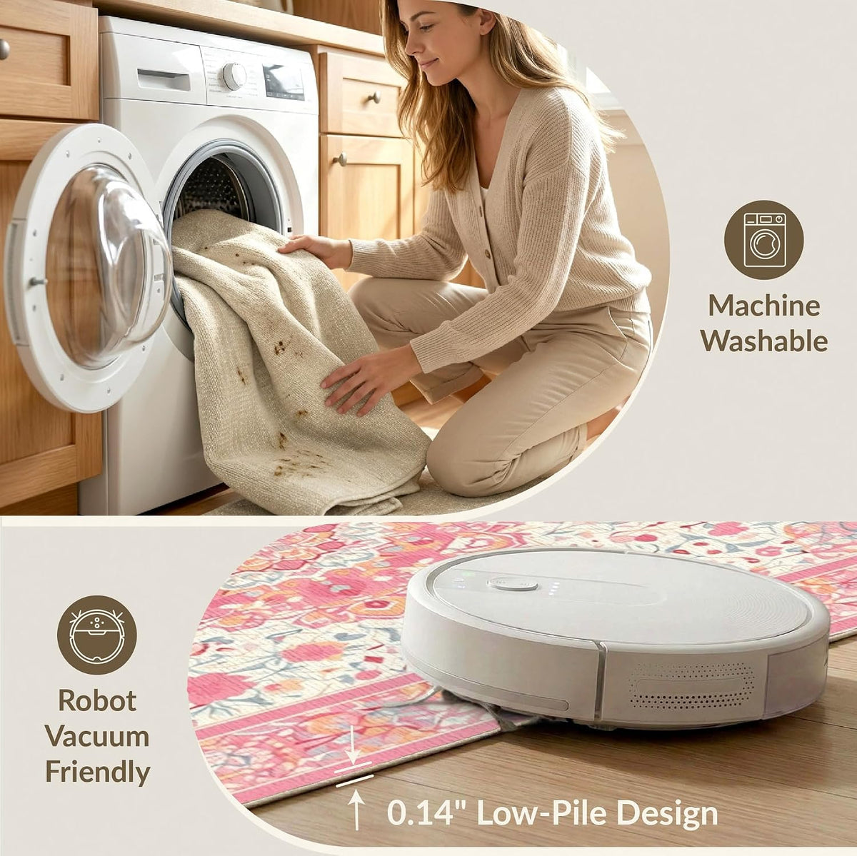 4'x6' Washable Flatwoven Rug, Peach Traditional Floral Easy Care Throw Carpet for Dorm Room, Small Living Room, Apartment, Stain Resistant Low Profile Floor Covering | Ref:2138144