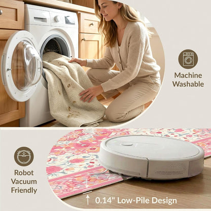 4'x6' Washable Flatwoven Rug, Peach Traditional Floral Easy Care Throw Carpet for Dorm Room, Small Living Room, Apartment, Stain Resistant Low Profile Floor Covering | Ref:2138144