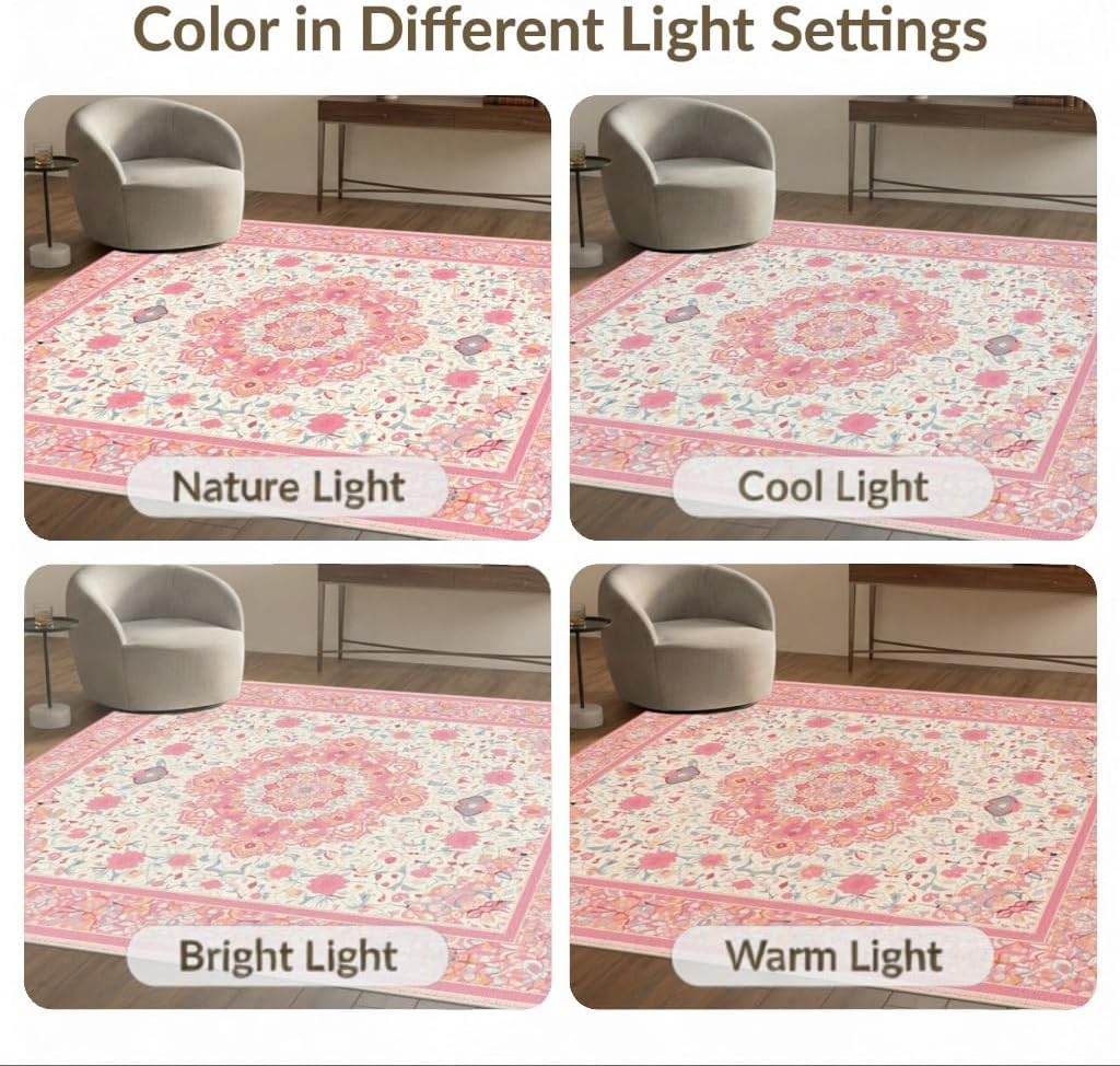 4'x6' Washable Flatwoven Rug, Peach Traditional Floral Easy Care Throw Carpet for Dorm Room, Small Living Room, Apartment, Stain Resistant Low Profile Floor Covering | Ref:2138144