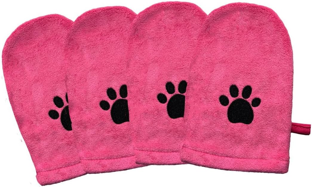 Microfiber Pet Towel Mitts - Paw Cleaning and Drying Mitts/Gloves for Dogs and Cats (Pink, Standard - 4 Pack)