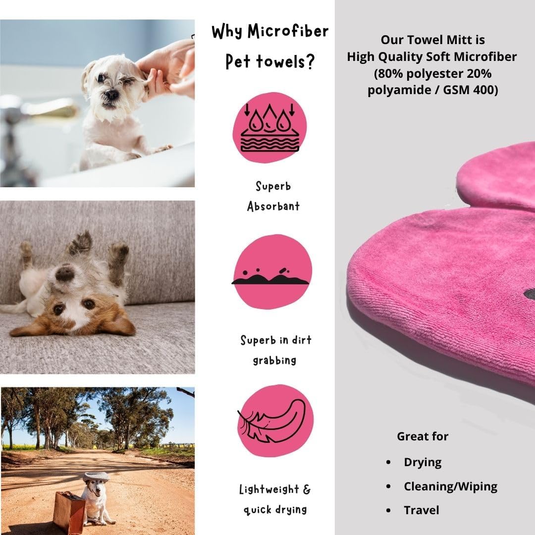 Microfiber Pet Towel Mitts - Paw Cleaning and Drying Mitts/Gloves for Dogs and Cats (Pink, Standard - 4 Pack)