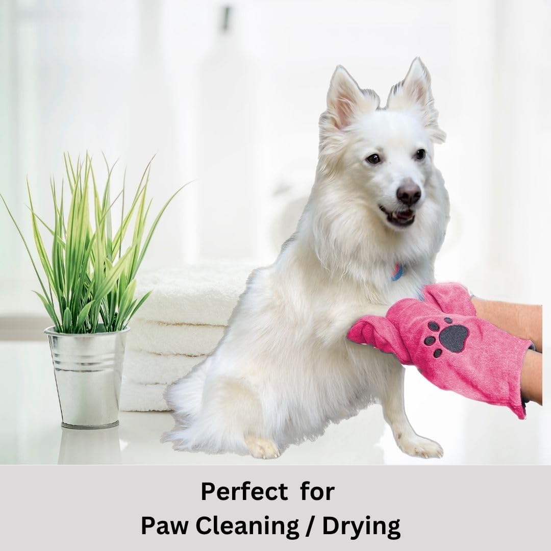 Microfiber Pet Towel Mitts - Paw Cleaning and Drying Mitts/Gloves for Dogs and Cats (Pink, Standard - 4 Pack)