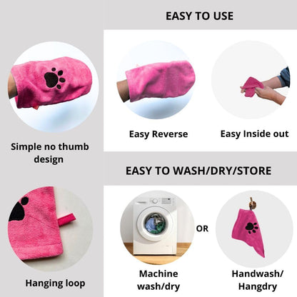 Microfiber Pet Towel Mitts - Paw Cleaning and Drying Mitts/Gloves for Dogs and Cats (Pink, Standard - 4 Pack)